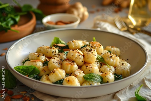 Vegan gnocchi plated in truffle cashew cream sauce
