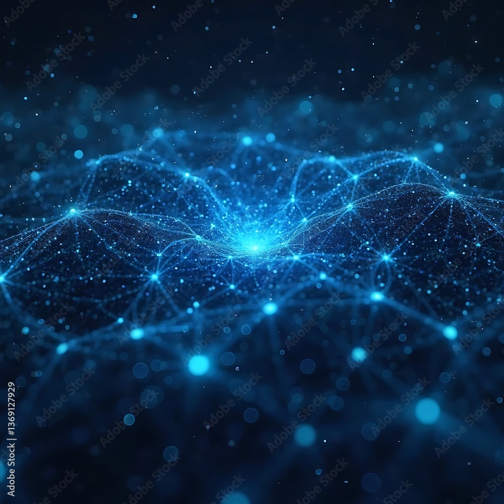 Fototapeta premium Neural network visualization with blue digital nodes and glowing data connections.