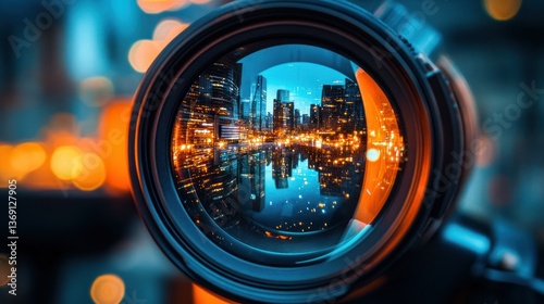 A camera lens captures a vibrant city scene at night, showcasing bokeh.