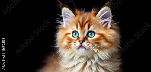 Fluffy Maine Coon kitten, emerald eyes, black backdrop, majestic, pet