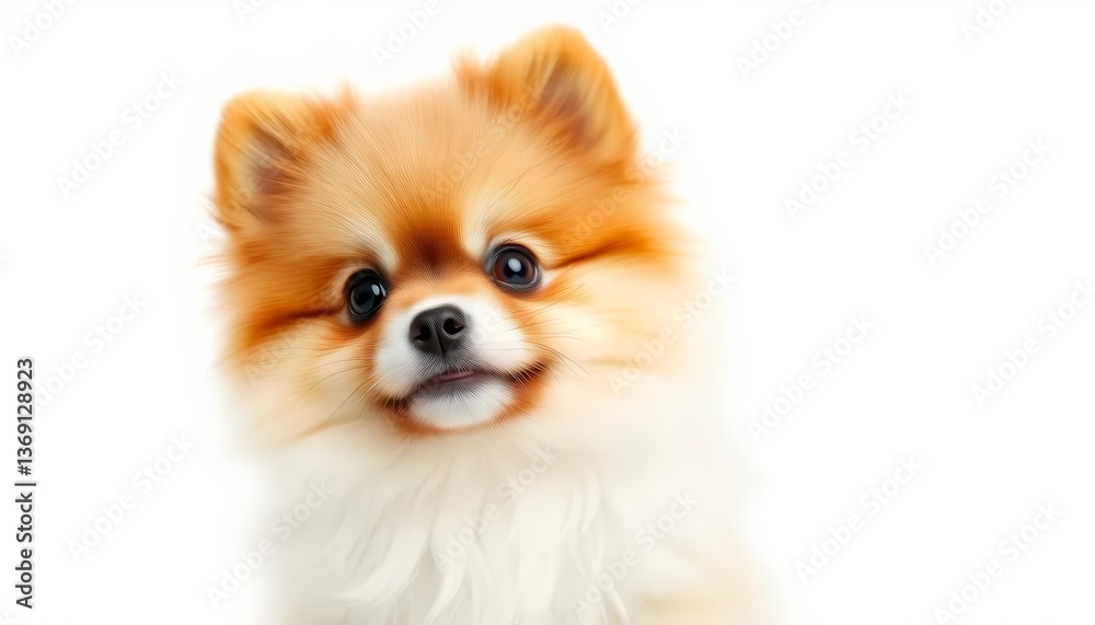 Fluffy pomeranian puppy, wide-eyed, playful pose on white background, charming, happy Fluffy pomeranian puppy, wide-eyed, playful pose on white background, charming, happy