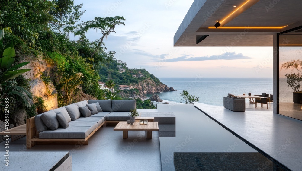 Fototapeta premium Modern luxury home with scenic ocean views from the patio