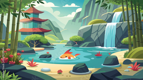 Serene Asian landscape with waterfall pagoda fish and bamboo forest Tranquil nature scene