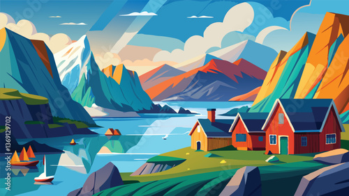 Vibrant Scenic Landscape with Colorful Mountains and Cozy Houses near the Fjord