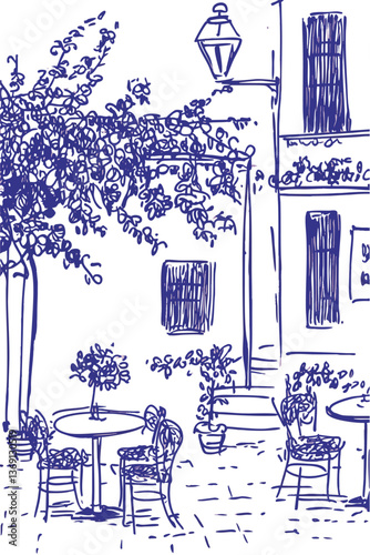 Hand drawn doodle style illustration. European summer vacation destination. Pretty cafe restaurant