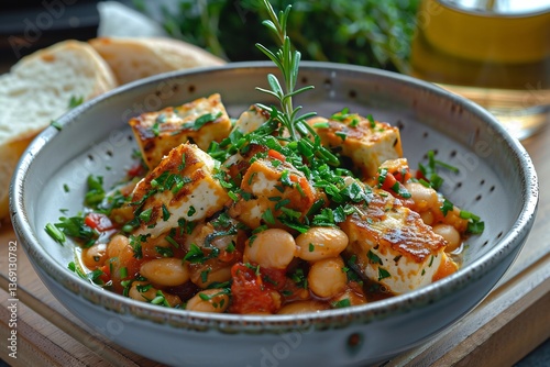 Vegan cassoulet with white beans, tempeh slices and tomato herb sauce, plated on clean