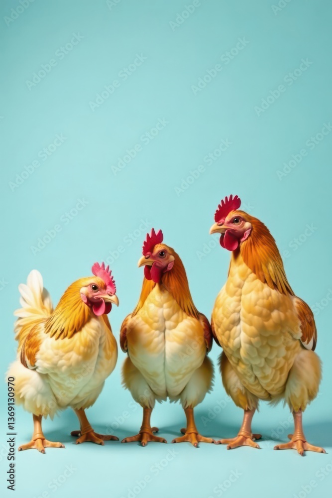 Fototapeta premium Three Golden Hens on a Pastel Background, a Study in Poultry Elegance and Feather Texture
