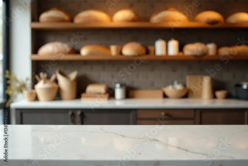 Empty Marble Countertop in a Bakery with Blurred Background of Bread and Supplies
