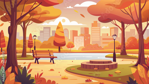 Autumnal City Park Scene with Bench and Pond Tranquil Fall Landscape Illustration