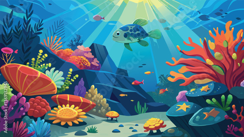 Vibrant Underwater Scene Colorful Coral Reef Fish Ocean Life Illustration