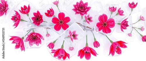 Frozen red and pink flowers encased in clear ice, vibrant colors against a stark white background, background, texture