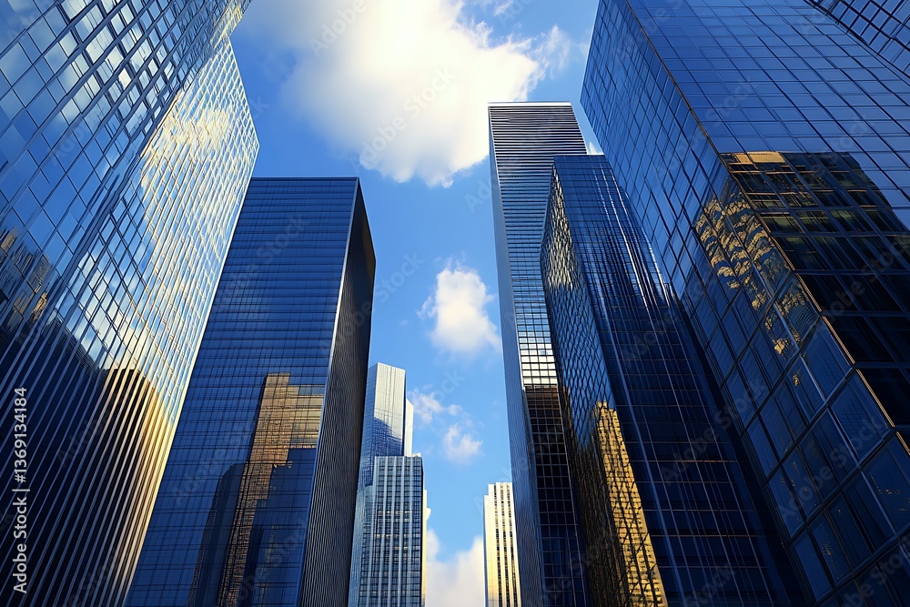 Obraz premium Low Angle of Skyscrapers Against Blue Sky and Clouds, Modern Architecture Facades