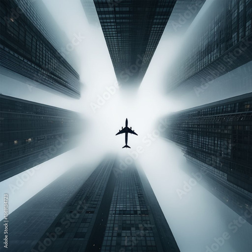 Plane flying between tall buildings