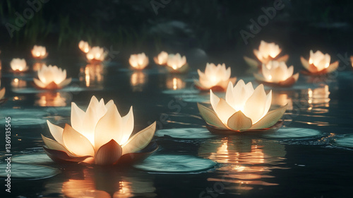 happy vesak day happy vesak day lotus flower symbolizes purity in Buddhism floating on water with a soft blurry reflection on a pastel dream background