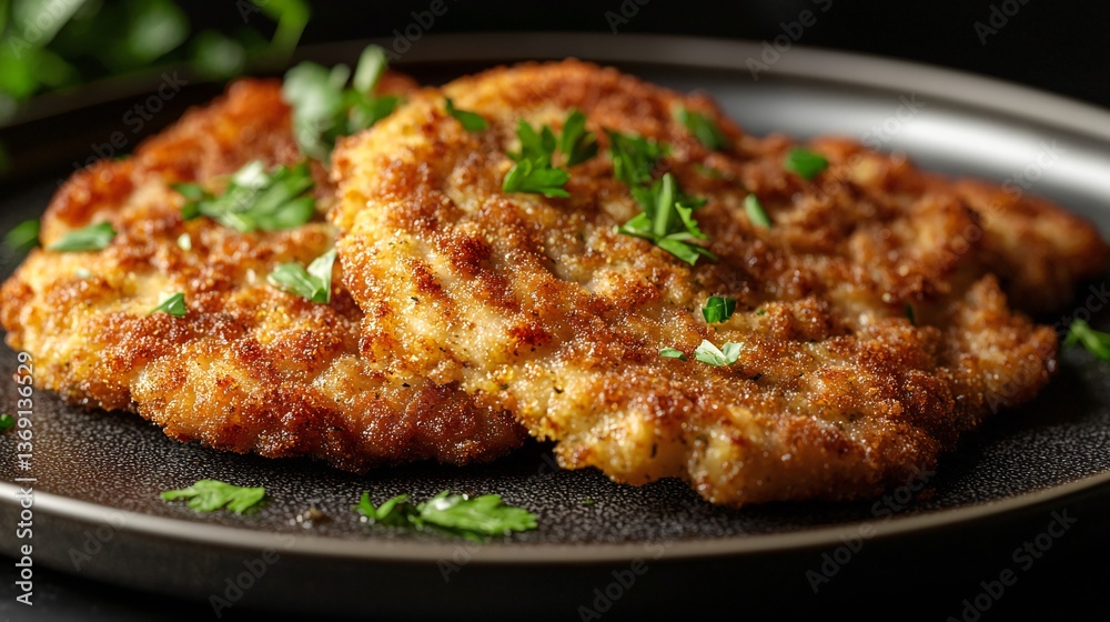 Crispy Breaded Chicken Cutlets on a Dark Plate Garnished with Fresh Parsley Delicious Homemade Food Crispy Breaded Chicken Cutlets on a Dark Plate Garnished with Fresh Parsley Delicious Homemade Food