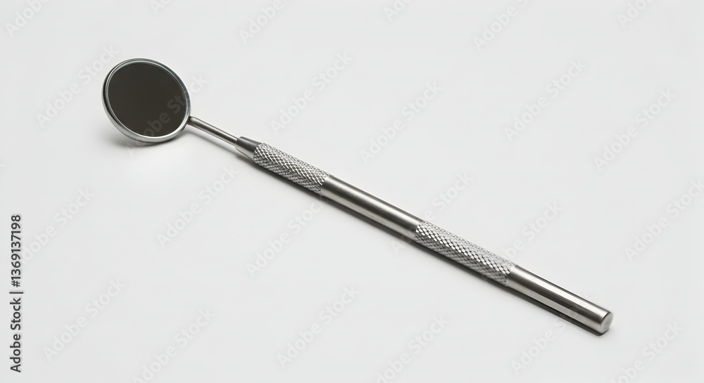 Dental mirror tool resting on a plain white surface ready for oral inspection. Dental mirror tool resting on a plain white surface ready for oral inspection.