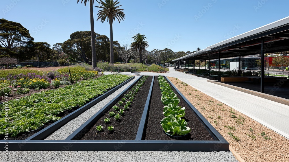 Fototapeta premium Modern urban garden design; raised garden beds with various greens and plants, alongside a paved walkway near a contemporary building.