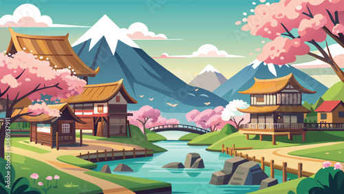 Serene Japanese Village Landscape with Cherry Blossoms and Mountains