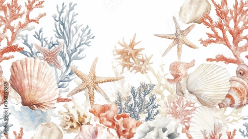Watercolor Seashell and Coral Reef Seamless Pattern