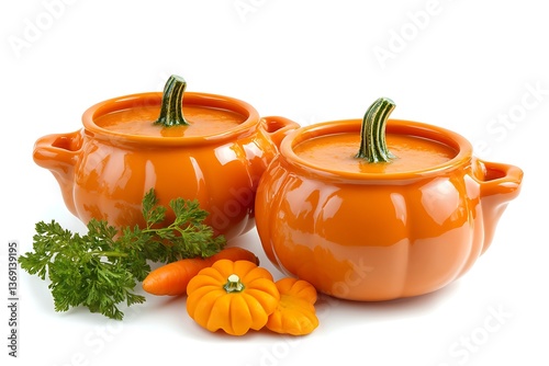 Two Ceramic tureen with soup, carrots, parsley on white background photo