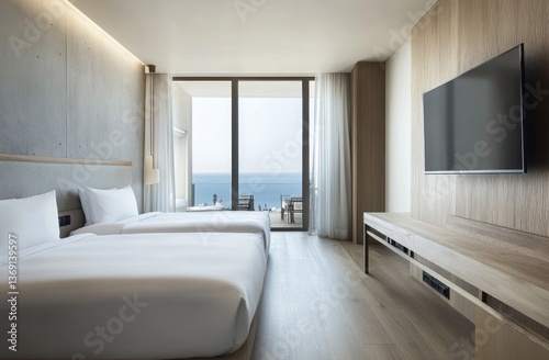 A modern minimalist hotel bedroom with ocean view and two beds