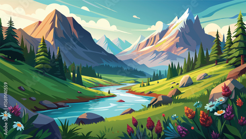 Serene Mountain River Landscape Picturesque Valley with Lush Greenery and Majestic Peaks