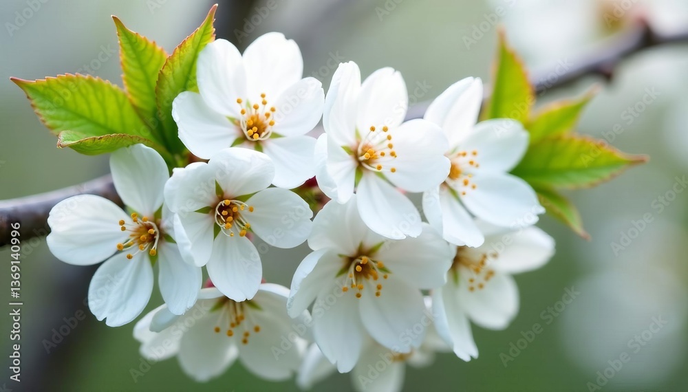 Obraz premium Close up of white cherry blossom tree flowers in full bloom, blooming, beautiful