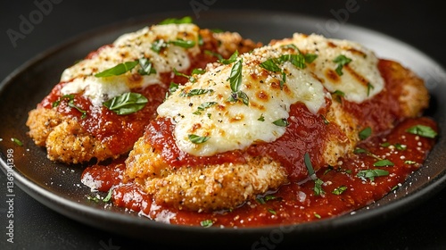 Delicious Chicken Parmesan Dinner Plate Close Up Image featuring melted mozzarella cheese tomato sauce and basil garnish A perfect meal for Italian food lovers
