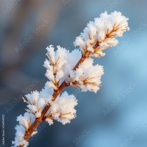 Close-up of winter oilseed rape twig covered in glistening snow, icy, agriculture