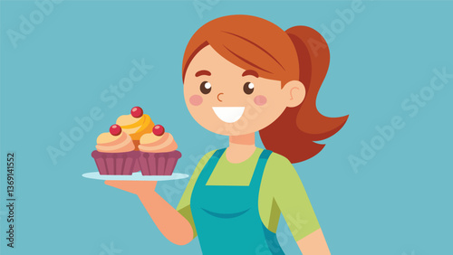 A young girl with a proud smile as she presents her handmade cupcakes excited to contribute to the charity bake sale.. Vector illustration