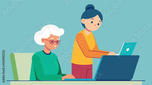 A woman in her golden years carefully following the stepbystep instructions on her laptop as a younger volunteer stands by to offer assistance if. Vector illustration