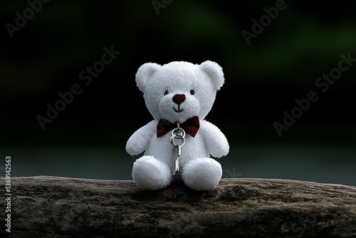 A cute plush teddy bear keychain dangling from a backpack zipper, perfect for a childâ€™s accessory