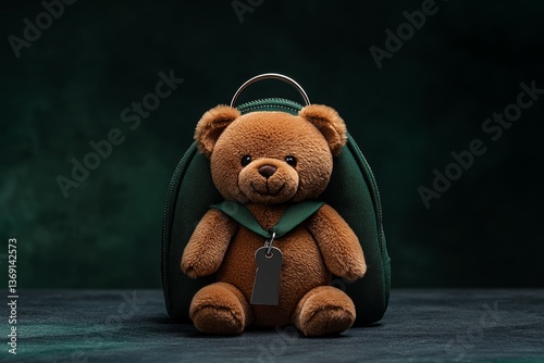A cute plush teddy bear keychain dangling from a backpack zipper, perfect for a childâ€™s accessory