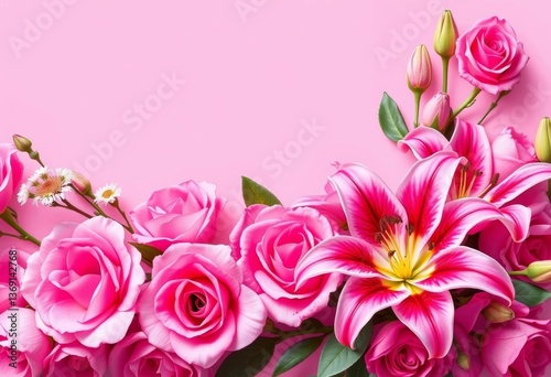 Elegant pink floral banner header with roses and lilies, ample copy space, graphic,  floral design