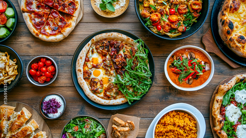 Assorted Delicious Dishes from a Food Delivery Service on a Rustic Wooden Table Assorted Delicious Dishes from a Food Delivery Service on a Rustic Wooden Table