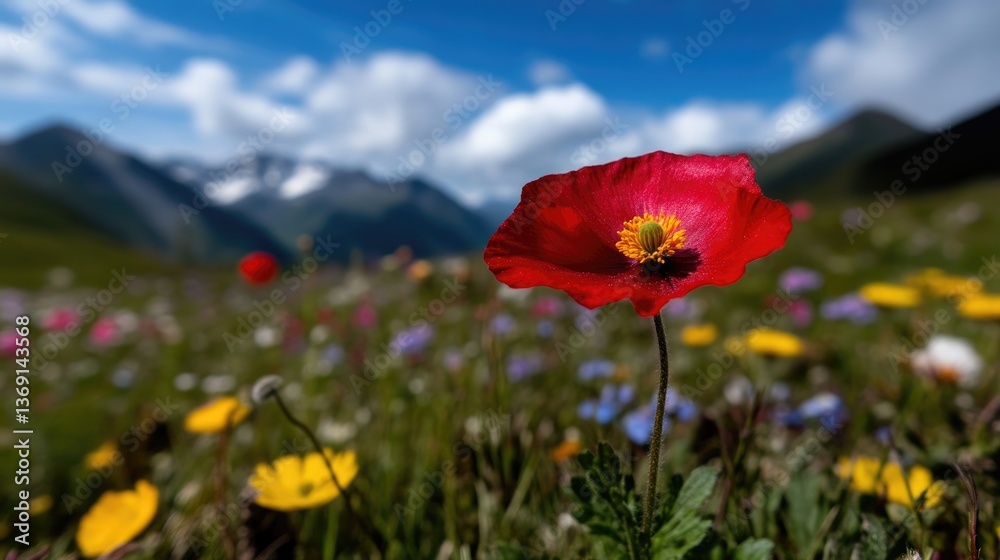 Obraz premium Vibrant red poppy amidst alpine wildflowers