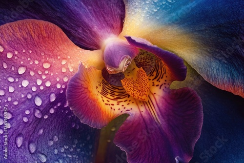Close-up of a vibrant orchid with dew drops, showcasing its intricate details and rich colors.
