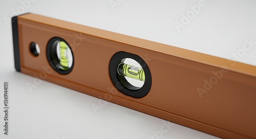 Close-up view of a brown spirit level showcasing its leveling bubble and black accents on a plain background