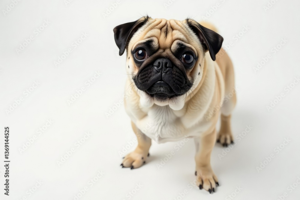 Obraz premium Charming pug looking directly at camera, pure white background, puppy, doggy