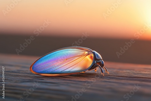 A metallic iridescent beetle rests on wood at sunset, its wings reflecting vibrant colors.