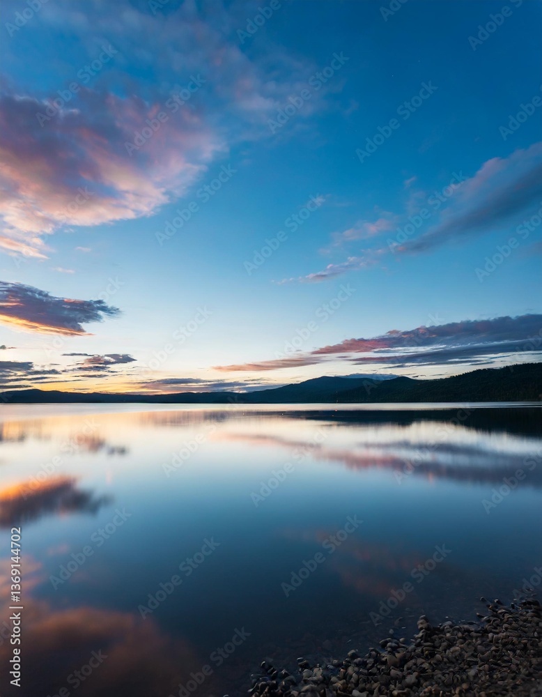 Fototapeta premium Ripples on a Still Lake Mirroring the Graceful Dance of Twilight Clouds