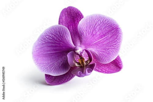 A vibrant purple orchid blossom, showcasing intricate petal details against a stark white background.