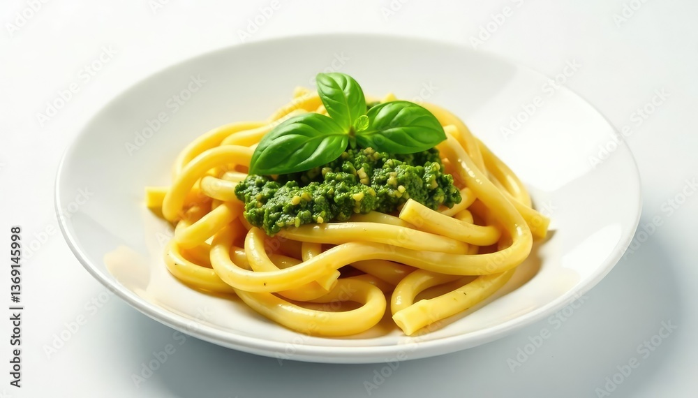 Homemade pasta with pesto sauce on white background , top view, delicious, culinary Homemade pasta with pesto sauce on white background , top view, delicious, culinary