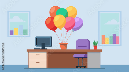 Inside the office a bouquet of colorful balloons adorns the desk of the newbie making them feel welcomed and special.. Vector illustration