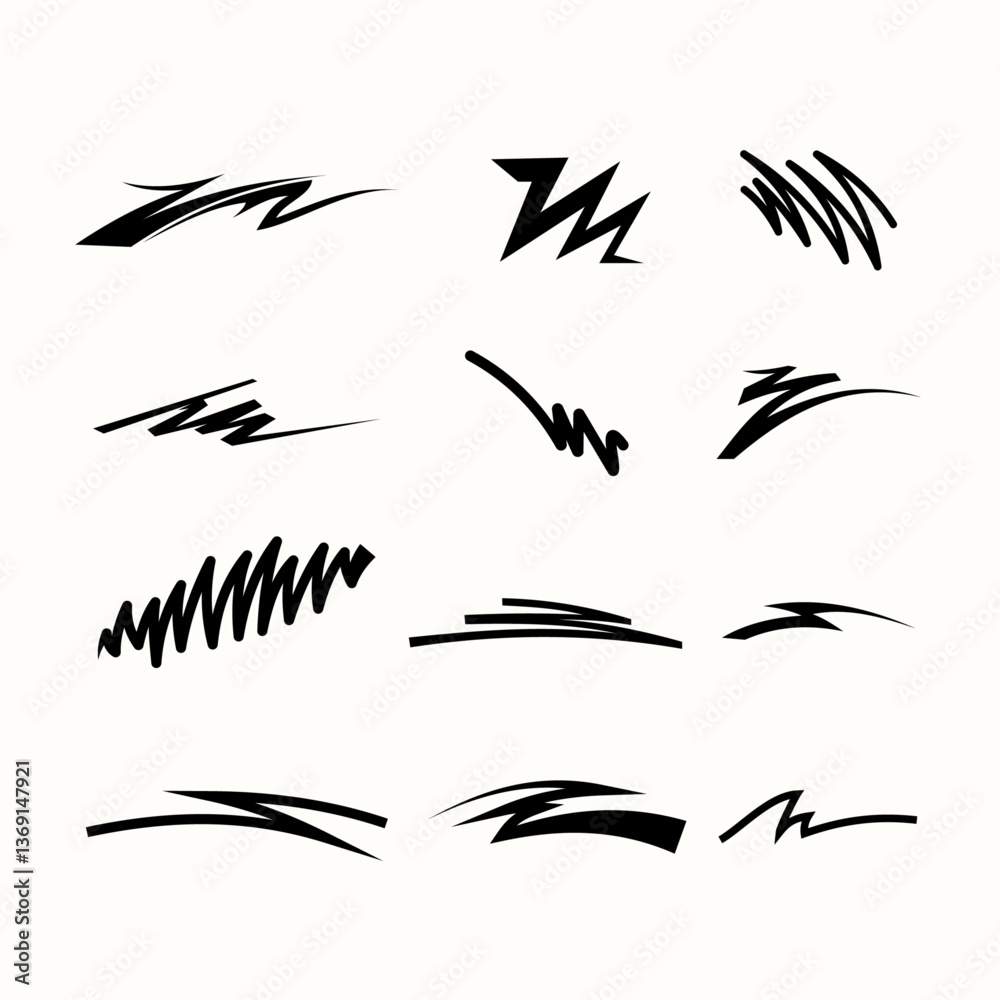Fototapeta premium Collection of Abstract Black Graphic Elements with Dynamic Scribble Style