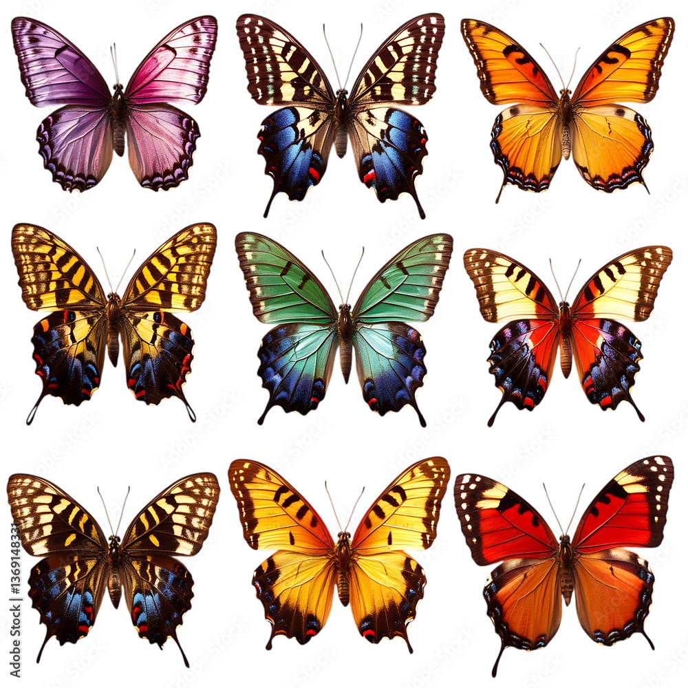 A Collection of Butterflies in Various Vibrant Colors Isolated on Transparent Background
