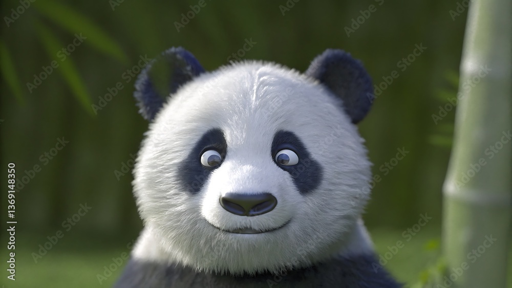 Fototapeta premium Adorable 3D Panda Bear Cub in Bamboo Forest Soft Lighting Lush Green Background