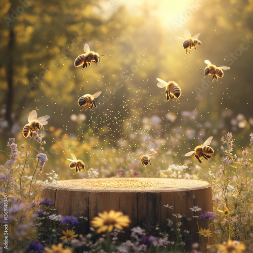 Golden Hour Bees Flying Around Wooden Stump in Wildflower Meadow