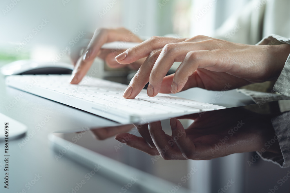 Obraz premium Closeup, business woman hand typing on computer keyboard, with digital tablet on office table, online working, surfing the internet, searching the information, remote work, business background