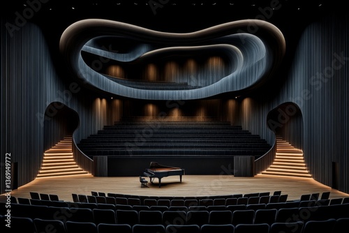 A modern concert hall with a sculptural acoustic panel installation resembling undulating waves